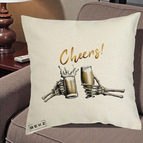 Perna Decorativa Halloween Cheers Schelete cu Bere, 40x40 cm, Ecru, Husa Detasabila, Perna Inclusa, BEKZ®