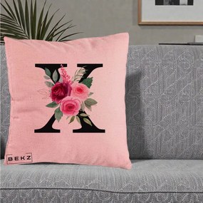 Cadou Personalizat - Perna Personalizata Monograma Florala Litera X cu Buchet, 40x40 cm, Roz, Husa Detasabila, Perna Inclusa, BEKZ®