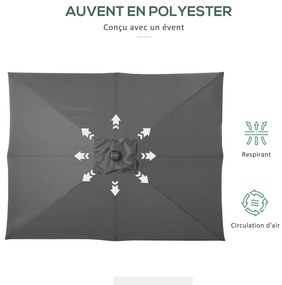Outsunny Parasol de grădină Parasol drept 3 x 2 m luminos rectangular inclinabil cu LED solar oţel poliester de înaltă densitate gri | Aosom Romania