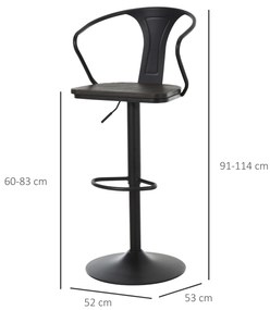 HOMCOM Set de 2 Scaune de Bar Moderne Scaun Pivotant Spatar Reglabil pe Inaltime din Lemn Metal 5 Roti Pivotante Robuste Negru