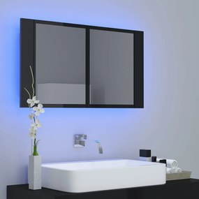Dulap baie cu oglinda  LED negru extralucios 80x12x45 cm acril negru foarte lucios