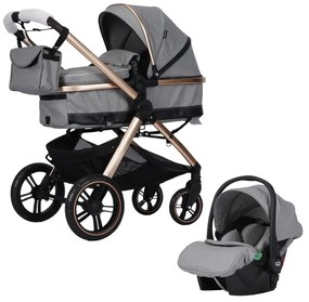 Carucior nou nascuti 3 in 1 NOVOKIDS™ X2000 series, Cu geanta bebe, Cadru Aluminiu Gold, Amortizoare, Roti din cauciuc plin AVE, Landou, Scoica auto,