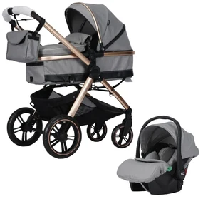 Carucior nou nascuti 3 in 1 NOVOKIDS™ X2000 series, Cu geanta bebe, Cadru Aluminiu Gold, Amortizoare, Roti din cauciuc plin AVE, Landou, Scoica auto,