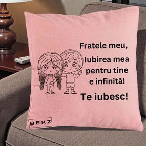 Cadou pentru Frate - Perna Personalizata Fratele Meu Te Iubesc Copii Anime Line Art Negru, 40x40 cm, Roz, Husa Detasabila, Perna Inclusa, BEKZ®