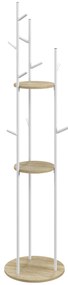 HOMCOM Suport de haine cu 9 agatatori si 2 rafturi rotunde Ø 40 x 167 cm natural si alb | Aosom Romania
