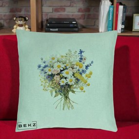 Perna Decorativa Buchet Camp Acuarela Margarete-Lavanda, 40x40 cm, Verde Menta, Husa Detasabila, Perna Inclusa, BEKZ®