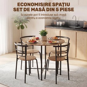 HOMCOM Set Masă Rotundă de Dining cu 4 Scaune Economisitor de Spațiu în Lemn și Metal Stil Industrial | Aosom Romania