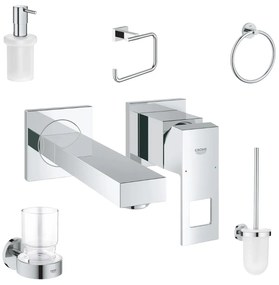 Set baterie lavoar incastrata Grohe Eurocube si accesorii baie Grohe Essentials, crom