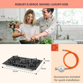 Firetale, plită cu gaz, 5 arzătoare, 70 cm, arzătoare din aluminiu, inclusiv furtun și reductor de presiune