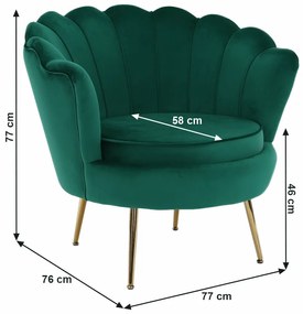 Fotoliu în stil Art-deco, catifea Velvet smarald/crom auriu, NOBLIN