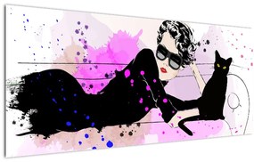 Tablou - Femeia cu pisică neagră (120x50 cm)