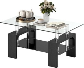 HOMCOM Măsuță de Cafea Modernă cu 2 Nivele din Lemn și Oțel cu Blat din Sticlă Temperată, 90x50x42 cm, Negru | Aosom Romania