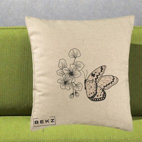 Perna Decorativa Fluture si Flori Linie Monocroma, 40x40 cm, Bej, Husa Detasabila, Perna Inclusa, BEKZ®