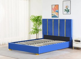 Pat Tapitat Catifea Albastru 160x200 cm cu Somiera si Saltea Inclusa , Cod LB-214