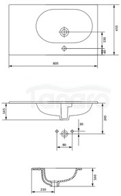 Lavoar incastrat alb 80 cm, dreptunghiular, cu picurator pe partea dreapta, Cersanit Zen