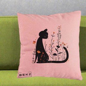 Perna Decorativa Pisica Neagra Flori Portocalii Silueta, 40x40 cm, Roz, Husa Detasabila, Perna Inclusa, BEKZ®