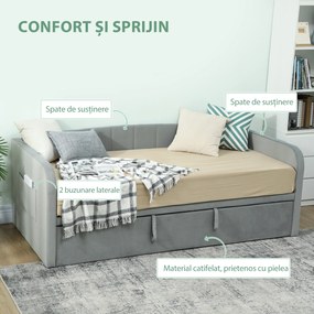 HOMCOM Pat Canapea 90/180x190 cm, Pat Extensibil Convertibil în Pat Dublu, Tapițerie, Cotiere, 2 Buzunare, Lamele din Plop, pentru Living sau Oaspeți, Gri Deschis | Aosom Romania