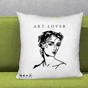 Perna Decorativa Art Lover Portret Grafic, 40x40 cm, Alb Pufos, Husa Detasabila, Perna Inclusa, BEKZ®