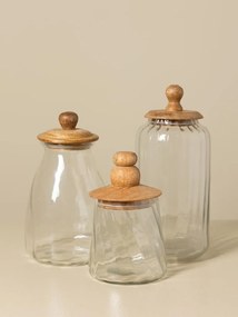 Set 3 borcane din sticlă canelată cu capac din lemn de mango cu mâner sculptat, natur, 12 × 24 cm, „Twisted"