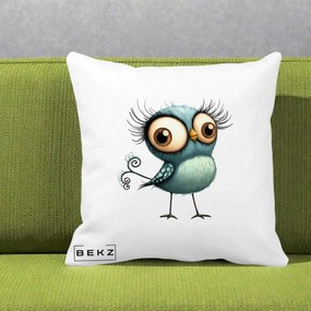 Perna Decorativa Pasare Teal cu Gene si Coada Spiralata, 40x40 cm, Alba Mata, Husa Detasabila, Perna Inclusa, BEKZ®