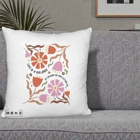 Perna Decorativa Life is a Balance Floral, 40x40 cm, Alb Pufos, Husa Detasabila, Perna Inclusa, BEKZ®