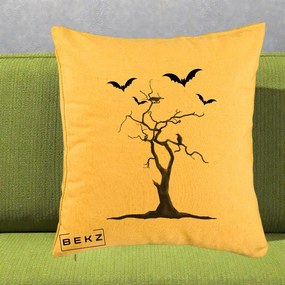 Perna Decorativa Halloween Copac cu Lilieci Alb-Negru, 40x40 cm, Galben, Husa Detasabila, Perna Inclusa, BEKZ®