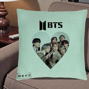 Perna Personalizata K-pop BTS Grup Fotografie in Inima, 40x40 cm, Verde Menta, Husa Detasabila, Perna Inclusa, BEKZ®