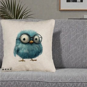 Perna Decorativa Pui Pufos Teal cu Ochelari, 40x40 cm, Bej Canapea, Husa Detasabila, Perna Inclusa, BEKZ®