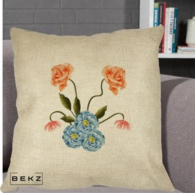 Perna Decorativa Trandafiri si Bujori Acuarela, 40x40 cm, Crem, Husa Detasabila, Perna Inclusa, BEKZ®