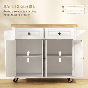 HOMCOM Carucior Bucatarie Sertare Dulapuri 4 Roti Lemn 111x44.5x82.5cm Alb | Aosom Romania
