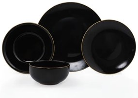 Set de masă, 24 piese, negru/auriu, din ceramică de tip stoneware