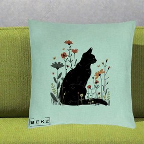 Perna Decorativa Pisica Neagra Profil Flori Portocalii, 40x40 cm, Verde Menta, Husa Detasabila, Perna Inclusa, BEKZ®