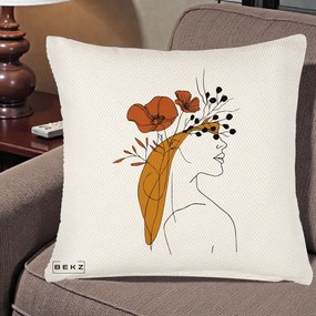 Perna Decorativa Portret Feminin Maci Rosii Auriu, 40x40 cm, Crem Reliefat, Husa Detasabila, Perna Inclusa, BEKZ®
