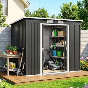 Outsunny Adăpost de Grădină Metalic în Alipire cu Kit de Fundație, Ușă Dublă, Ventilații și Acoperiș Înclinat, Gri | Aosom Romania