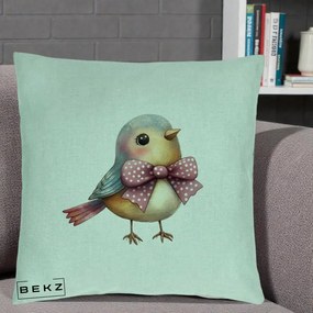 Perna Decorativa Pasare Bleu cu Fundita Roz, 40x40 cm, Verde Menta, Husa Detasabila, Perna Inclusa, BEKZ®