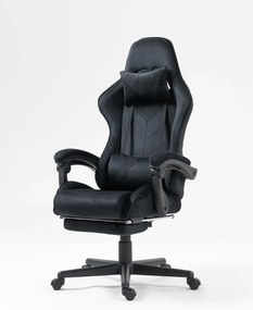 Scaun gaming, masaj în perna lombară, suport picioare, catifea, Negru