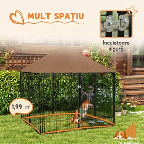 PawHut Gard pentru Câini din Metal cu Ușă pentru Boluri, Gard pentru Câini de Exterior cu Acoperiș, 141x141x151 cm, Negru și Maro