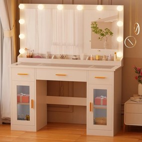 Masuta machiaj cu Oglinda LED si 3 Sertare pentru Cosmetice, Set Masa toaleta 110 cm, Alb, masuta cosmetica, vanity - SEA2