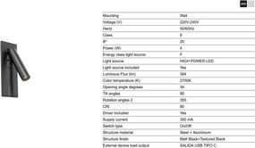 Aplica cu reader LED directionabil stil minimalist GABO USB C negru