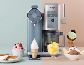 Mașină de înghețată 13-în-1 Ninja CREAMi Scoop & Swirl™ NC702EU, 800 W, 13 programe, manetă cu 3 poziții pentru cornetele de înghețată, CreamiFit, Creamify, 2 cupe de 473 ml, Personalizare, Albastru/Gri
