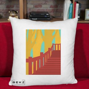 Perna Decorativa Scari Toamna Peisaj Grafic, 40x40 cm, Alb Pufos, Husa Detasabila, Perna Inclusa, BEKZ®