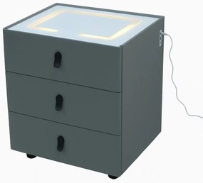 Noptieră inteligentă, încărcare Wireless și port USB+USB C, 3 sertare, 3 tipuri de iluminare LED touch, 3 tipuri de culoare, sticla securizata, Gri