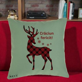 Perna Decorativa Ren Tartan Craciun Fericit, 40x40 cm, Verde, Husa Detasabila, Perna Inclusa, BEKZ®