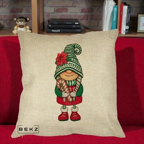 Perna Decorativa Gnom Craciun Verde cu Bomboane si Floare, 40x40 cm, Crem, Husa Detasabila, Perna Inclusa, BEKZ®