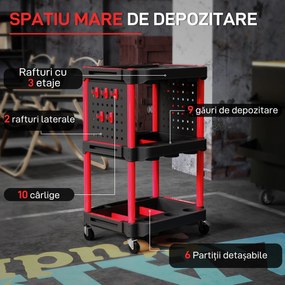 HOMCOM Cărucior pentru Scule 3 Nivele din Plastic cu Panou Lateral Roșu Negru | Aosom Romania
