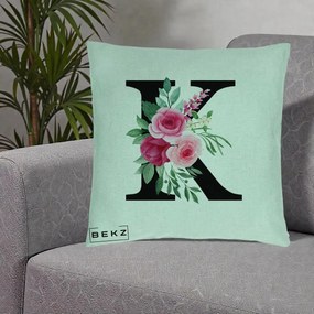 Cadou Personalizat - Perna Personalizata Monograma Florala Litera K, 40x40 cm, Verde Menta, Husa Detasabila, Perna Inclusa, BEKZ®
