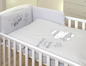 Set lenjerie din bumbac cu protectie laterala pentru pat bebelusi Hero Grey 120 x 60 cm