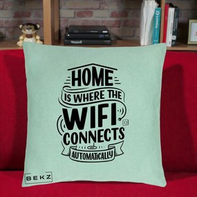 Perna Decorativa Home Is Where WiFi Connects, 40x40 cm, Verde Menta, Husa Detasabila, Perna Inclusa, BEKZ®