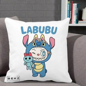 Perna Personalizata Labubu x Stitch cu Flori, 40x40 cm, Alba Mata, Husa Detasabila, Perna Inclusa, BEKZ®