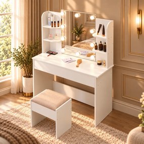 Set FRANCESCA – Masă de Toaletă pentru Machiaj, Oglinda Iluminata, Becuri LED, Sertar triplu, Polițe, Scaun, Alb